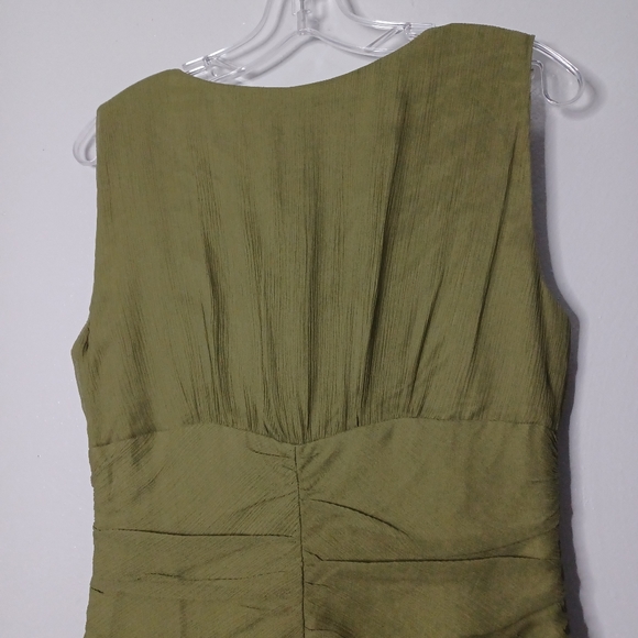 #66 Citrine Green Silk Drop Waist Empire Waist Ruched Bodice Dress Women's 12 - Picture 8 of 11